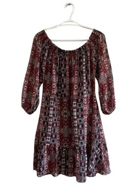 BB Dakota Black & Burgundy Geometric Off Shoulder Dress - Size Small EUC